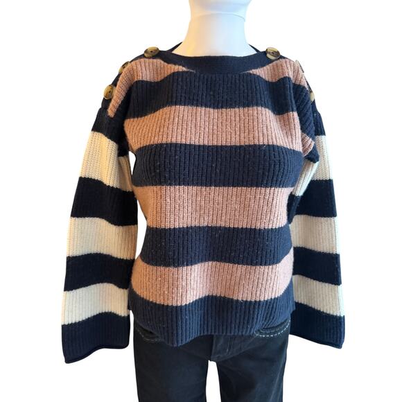 Madewell Striped Merino Wool Sweater XS Navy Blush Button Shoulder - Picture 6 of 6